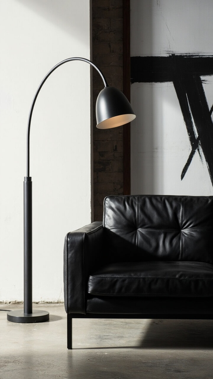 A modern black sofa with tight lines sits in the middle of a spacious room. Behind it, one oversized black and white abstract canvas hangs on the wall. There’s a slim, arched floor lamp in matte black nearby.