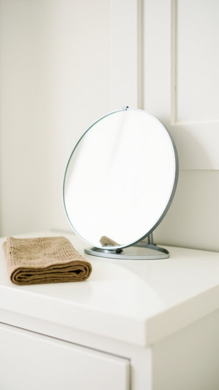 A frameless, round tabletop mirror leans against the wall atop a white dresser. To the left of the mirror sits a single folded tan linen hand towel.