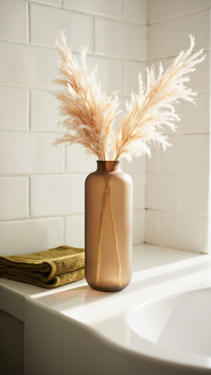 A matte frosted glass vase (smoky amber tone) stands on a small ledge above the sink. Inside, three fluffy dried pampas stems fan out. The background shows subway tile backsplash and a folded olive green hand towel nearby.