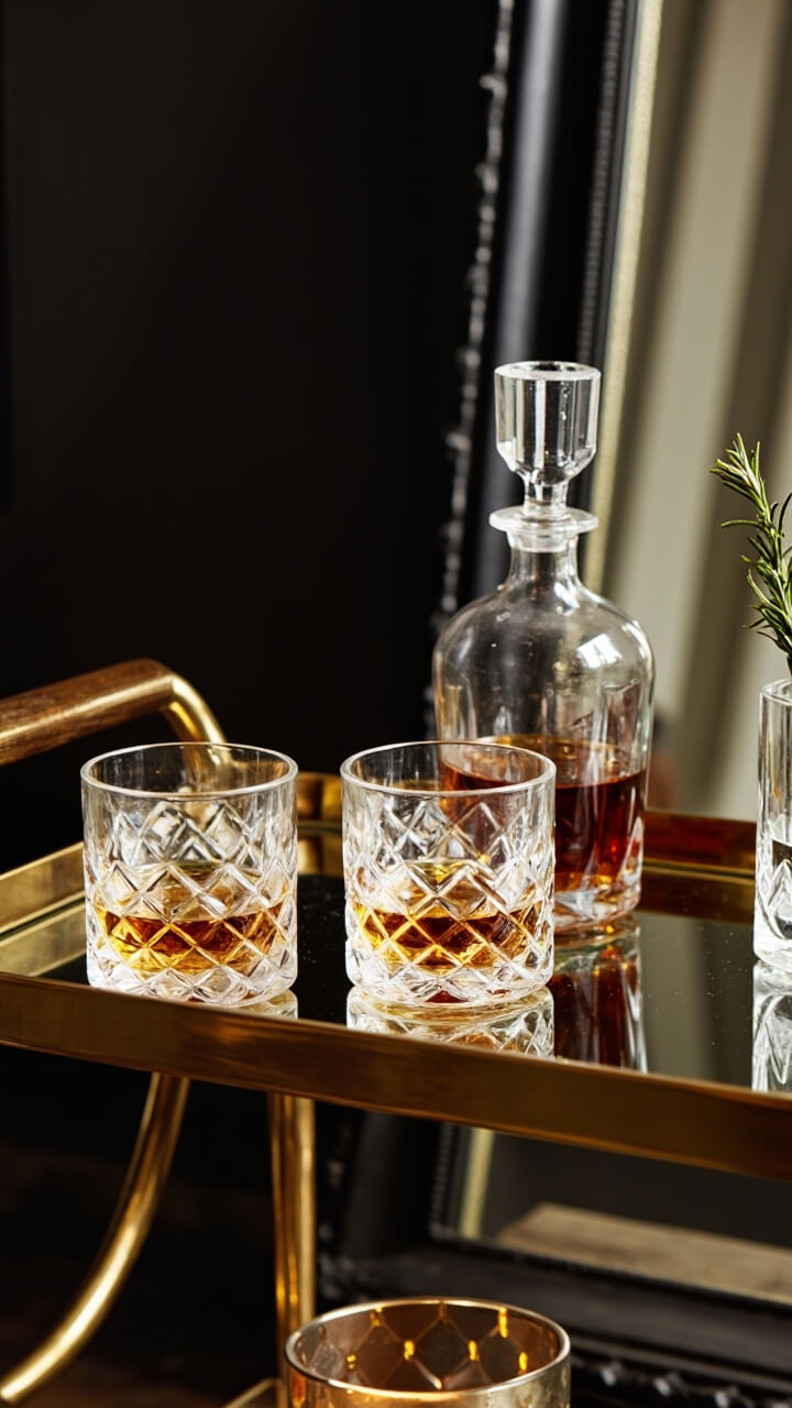 A rectangular, beveled edge mirror tray sits atop a gold metal bar cart. On the tray: two crystal tumblers, a cut-glass whiskey decanter, and a sprig of rosemary in a clear bud vase. Behind the cart stands a tall, classic black-framed mirror.