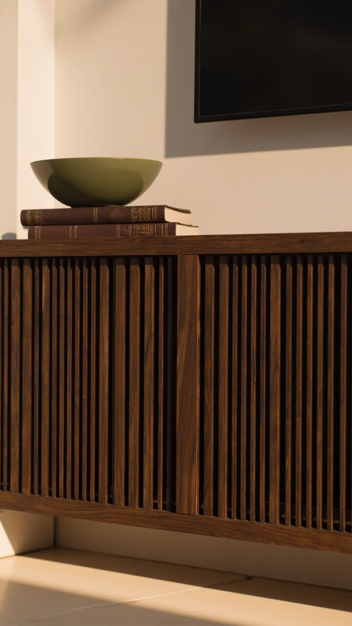A slim walnut TV unit with vertical slatted doors spanning the front, topped simply with a matte olive green bowl and a hardcover in deep brown. The media wall behind is painted soft white.