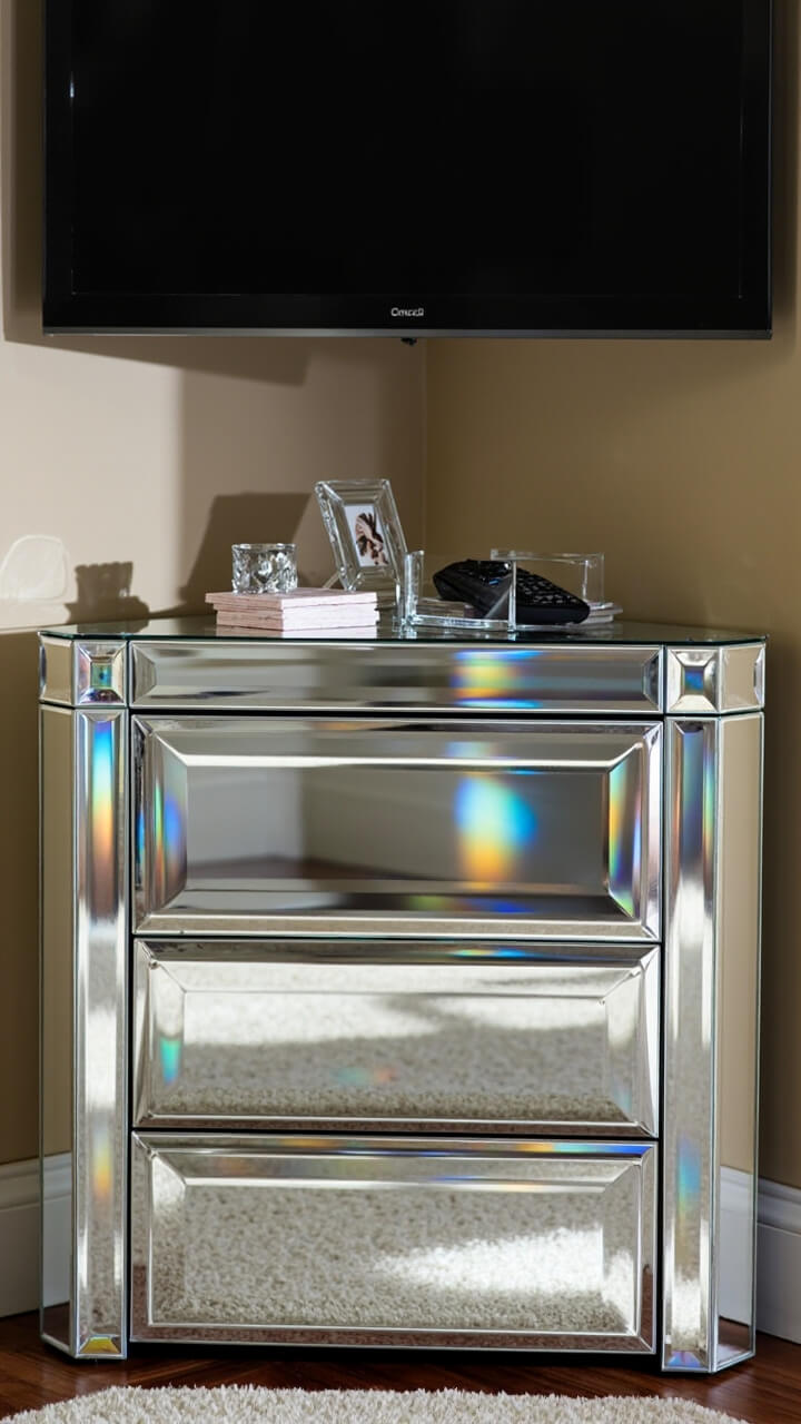 A mirrored-glass corner chest with a beveled edge gleams beneath a 44-inch TV. On one end, a single crystal photo frame and a stack of pearlized coasters sit to the side. A low acrylic tray in the center corrals two remote controls. The wall is painted a soft taupe to warm up the shine.