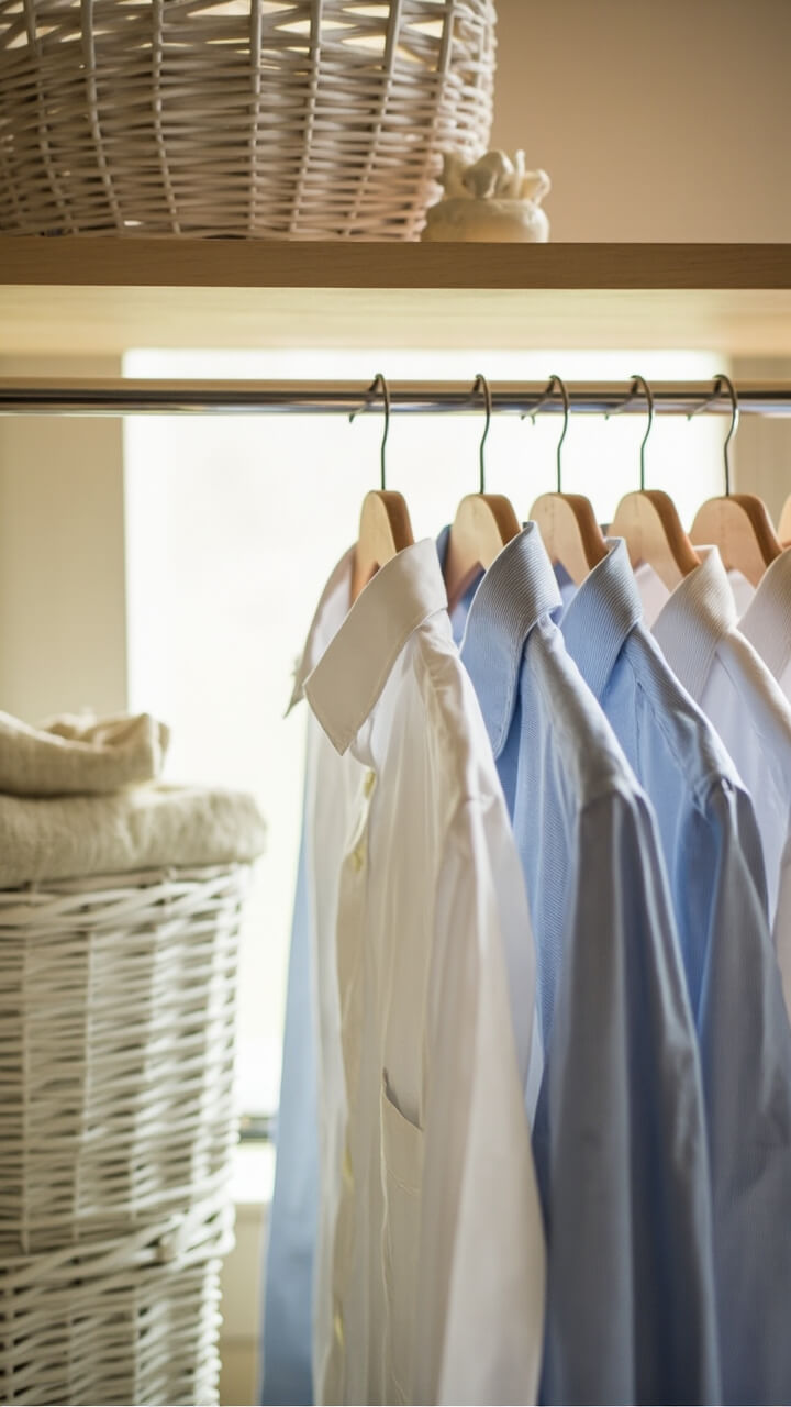 A slim chrome rod stretches under a light wood shelf, holding four wooden hangers with crisp button-down shirts. Gentle daylight from a small window illuminates stacked white baskets and a ceramic scent sachet atop the shelf.
