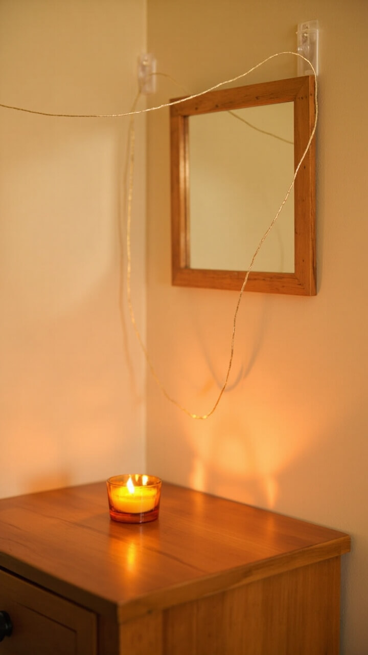 A maple leaf garland drapes around the top and sides of a rectangular bathroom mirror. Two clear removable hooks hold the garland ends at the frame corners. A single small amber glass candle sits on the vanity below. The wall is a soft beige.