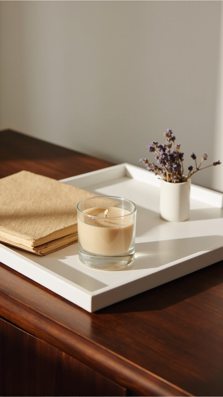 A rectangular matte white tray sits on a walnut nightstand. On the tray: a sand-colored soy candle in a glass jar, a tan linen-bound book, and a miniature white bud vase with a snip of dried lavender.