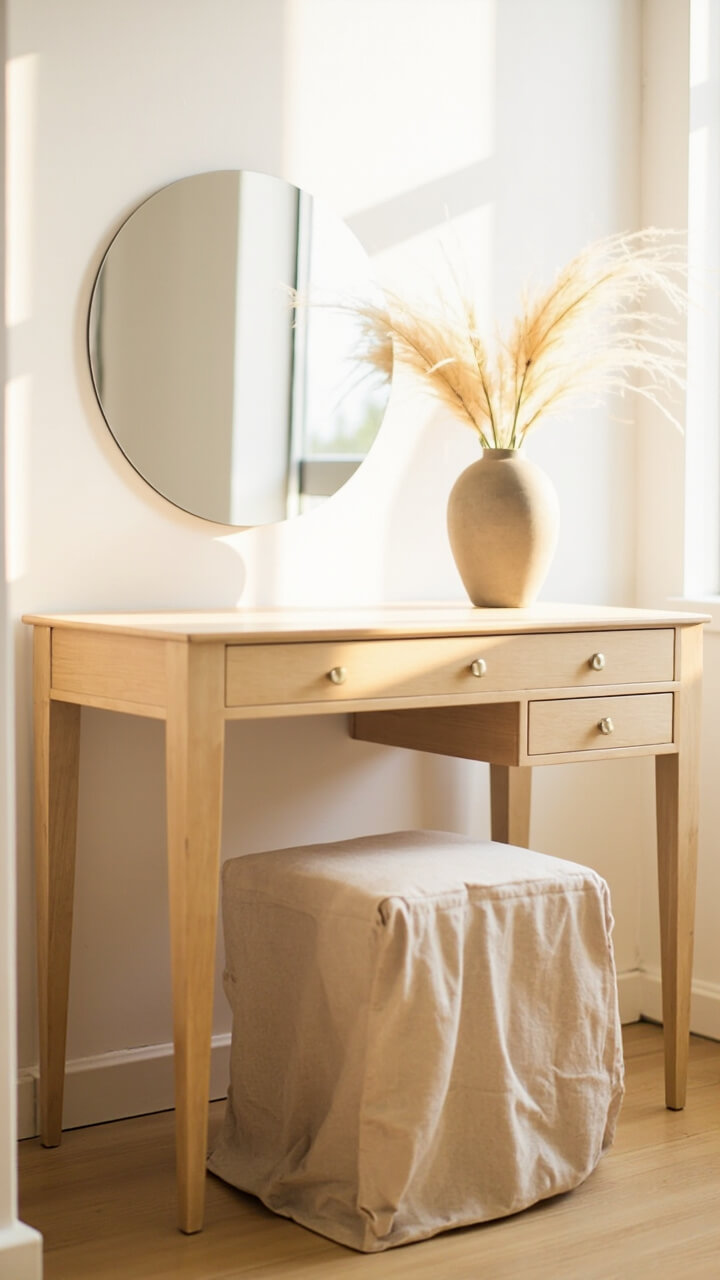 A small, pale ash wood vanity table with two seamless built-in drawers sits by a bright window. On top, a round frameless mirror leans against a white wall. A single matte ceramic vase with dried pampas grass adds gentle height, while a pale linen stool tucks underneath.