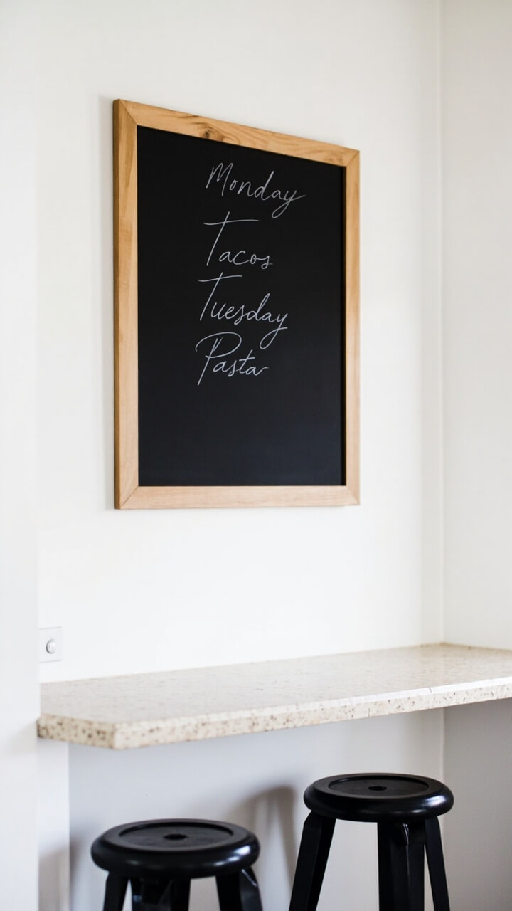 An all-white kitchen wall holds a rectangular black chalkboard framed in blonde oak. The chalkboard lists “Monday Tacos, Tuesday Pasta” in tidy white lettering. Below it, a slim breakfast bar with a terrazzo surface and two black metal stools complete the look.