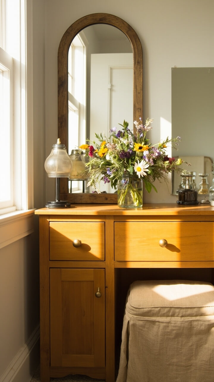A warm honey-colored shaker vanity with two extra-deep drawers takes up one wall of a sunny bedroom. An arched wood-framed mirror and a glass mason jar of wildflowers add rustic charm. A tan linen slipcovered stool tucks underneath.