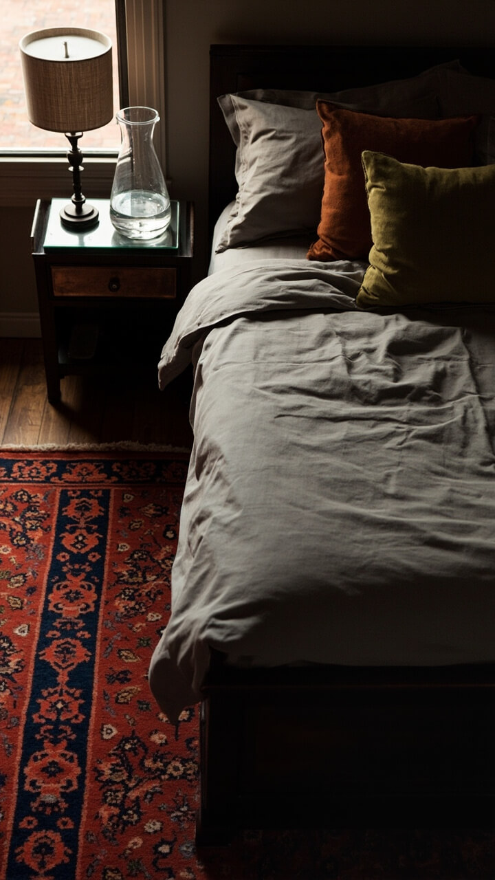 A brick-red and navy Persian rug covers most of the floor. The bed has a neutral gray coverlet with olive green and terracotta accent pillows. The nightstand is styled with a glass water pitcher and a reading lamp with a pleated shade.