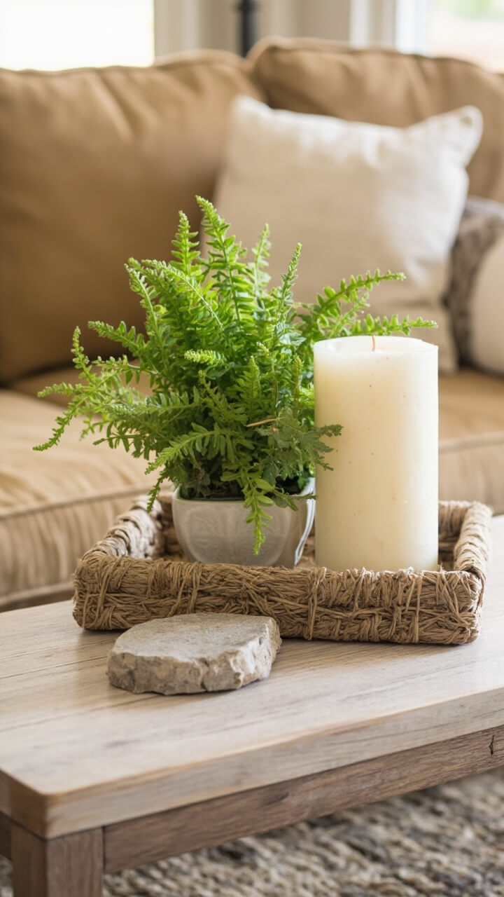 A driftwood-toned sofa table backs a camel microfiber sofa. In the center, a square woven jute tray holds a small pot of vibrant fern, an off-white irregular pillar candle, and a rough-edged stone coaster.