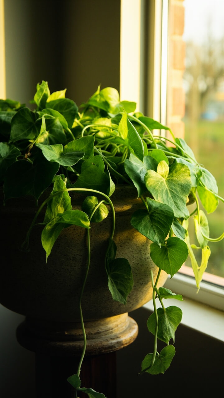 A single medium stone planter sits by the window, holding a deep green pothos with gently trailing leaves over the rim. The light makes the leaves shine.