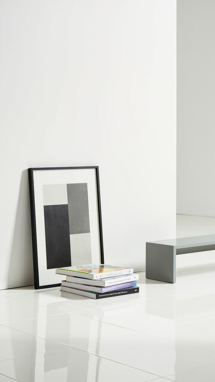 Three large-format art books and one minimalist black-framed abstract print lean against a wall on a pale tile floor, next to a slim low bench.