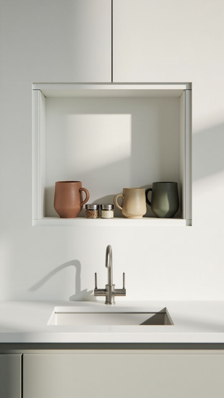 A rectangular white wall niche sits just above the counter, holding three matte clay mugs and two small glass spice jars. Light grey cabinetry and a minimalist sink keep the focus on the tidy niche.
