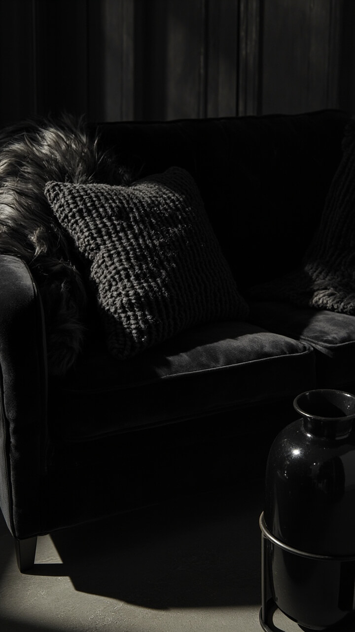 A velvet black sofa with charcoal faux fur throw, chunky knit graphite pillow, and a shiny black ceramic vase on a nearby small side table. No color, just rich layers of black-on-black.