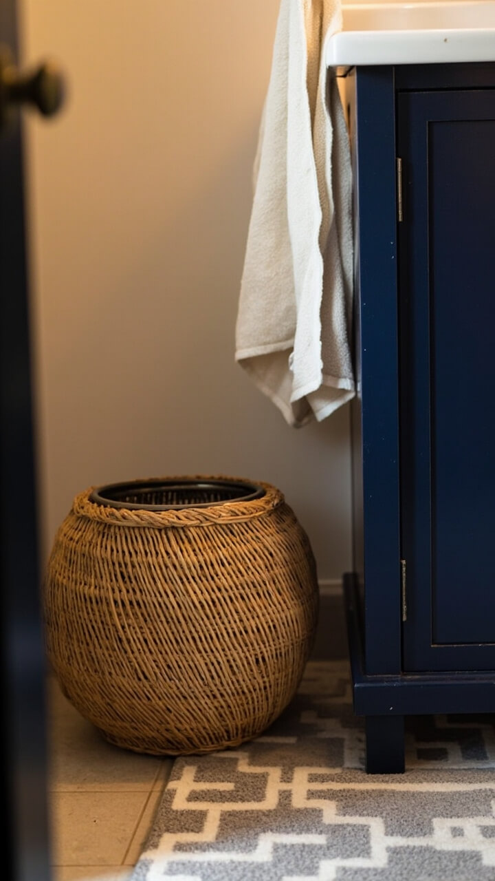 A round, natural rattan wastebasket sits beside a navy blue painted vanity. Nearby, a cream bath towel hangs neatly from a brass hook. On the floor is a small gray and white geometric rug.