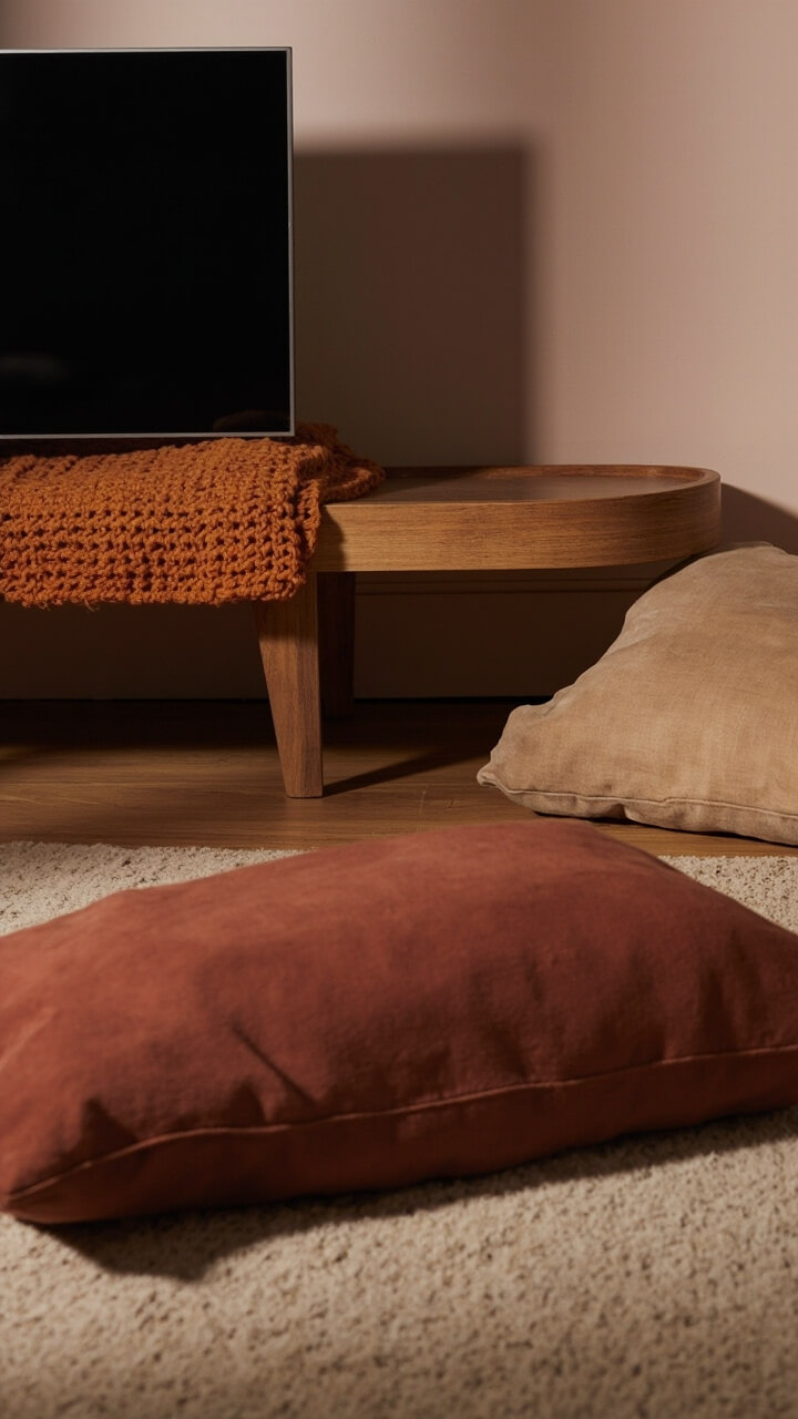 A low mango wood corner bench with angled legs sits flush against the two adjoining walls. A 39-inch TV rests at one end, while the center features a folded burnt orange knit throw and a wide, shallow woven basket for magazines. Two floor cushions in clay and oatmeal lean against the wall next to the bench.