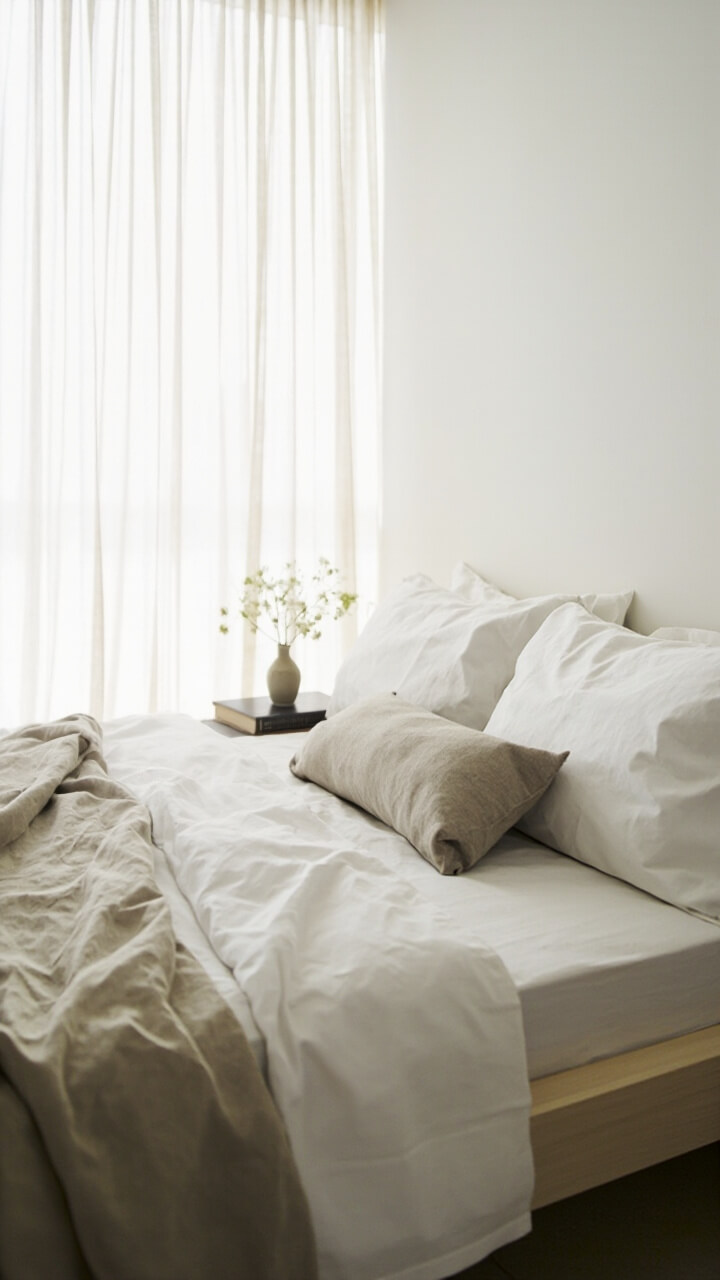 A low-profile bed sits against a white wall. The bedding is a mix of crisp white linen sheets and a pale taupe linen duvet. One palm-sized oatmeal-colored throw pillow sits in the center. Natural light filters through sheer, creamy curtains, and nothing distracts on the nightstand except a single book and a small vase.