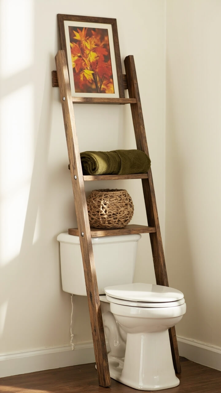 A narrow leaning ladder shelf stands over the toilet. A folded moss green towel sits on the middle shelf. A small woven bin sits on the lower shelf. A framed fall leaf print leans on the top shelf. The wall behind is soft white.
