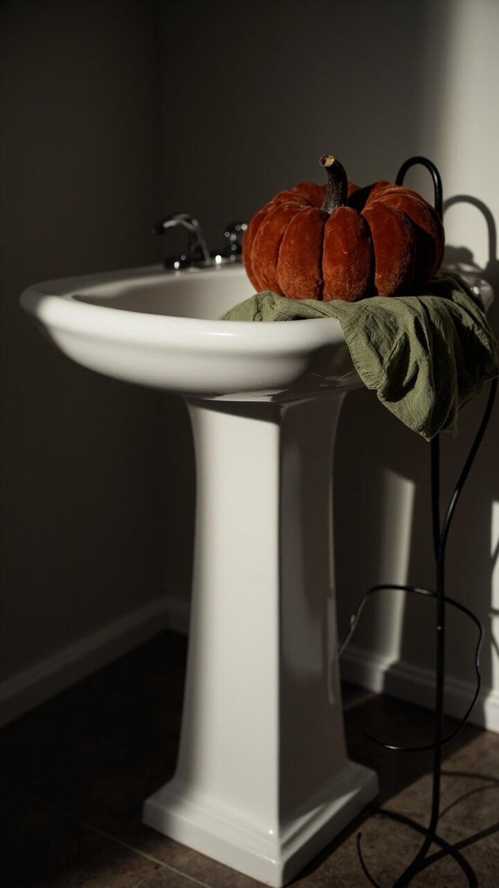 Vintage-style white pedestal sink. Beside it on a black wire plant stand is a single large faux velvet pumpkin in deep rust, with a green cloth napkin draped underneath.