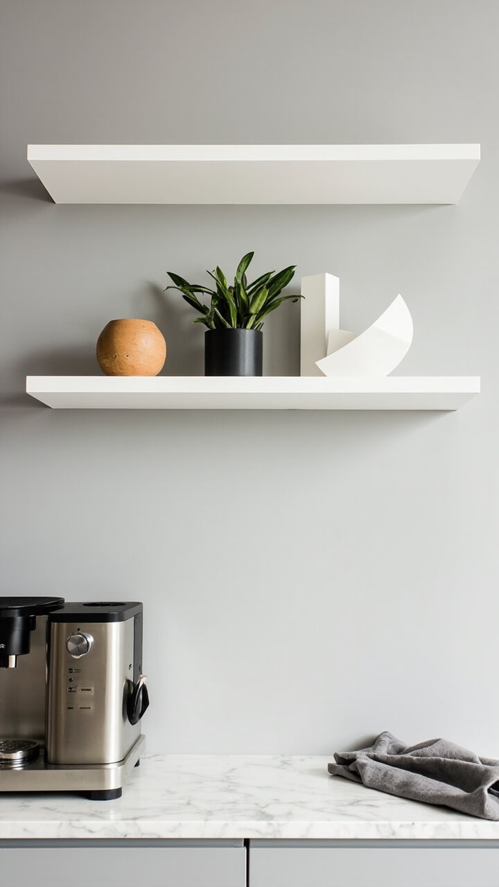On a pale gray wall above a marble kitchen counter, two white floating shelves display a clay sphere vase, a small matte black planter with a snake plant, and a geometric white sculpture. A brushed steel espresso machine sits on the counter below, next to a folded gray linen towel.