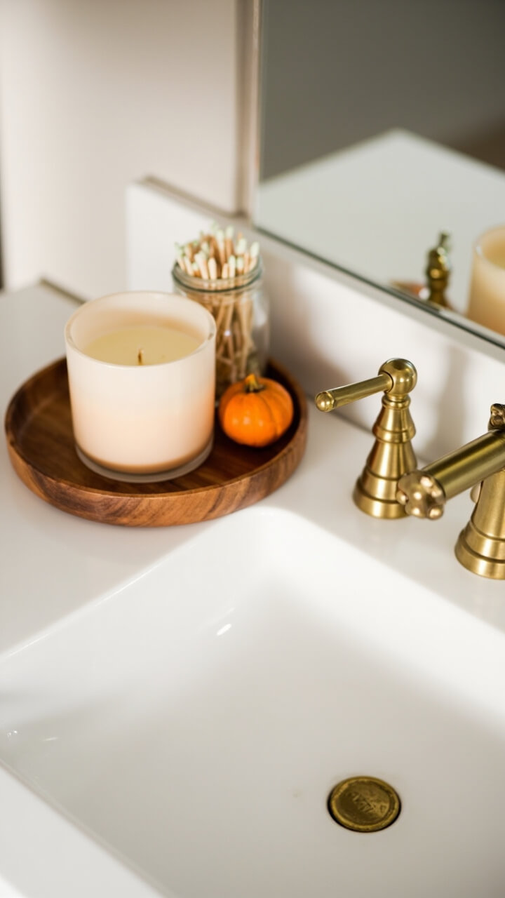 White quartz bathroom vanity with a small round wooden tray. On it sit a cream-colored pumpkin candle, a tiny natural pumpkin, and a clear glass jar of wooden matches. The trays corners touch a brushed gold faucet.