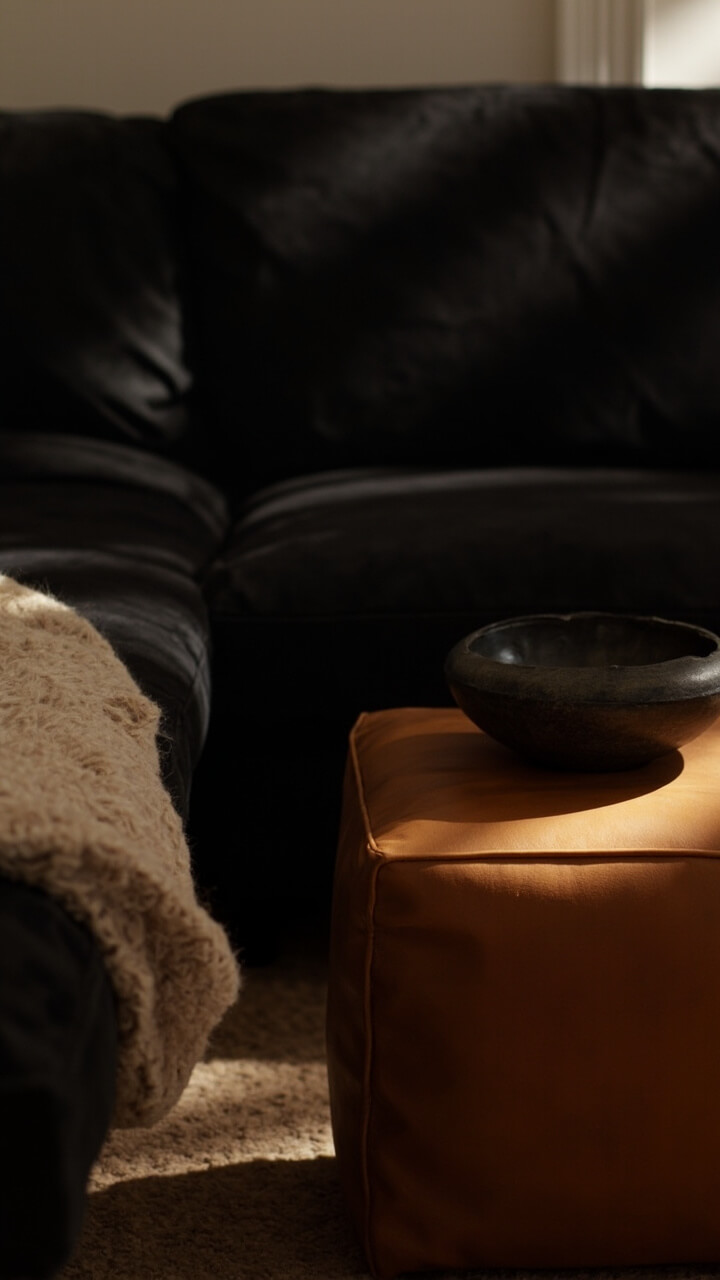 A black fabric sofa with a caramel leather cube ottoman in front. A soft beige wool throw is draped at one end. On the ottoman sits a low black stoneware bowl.