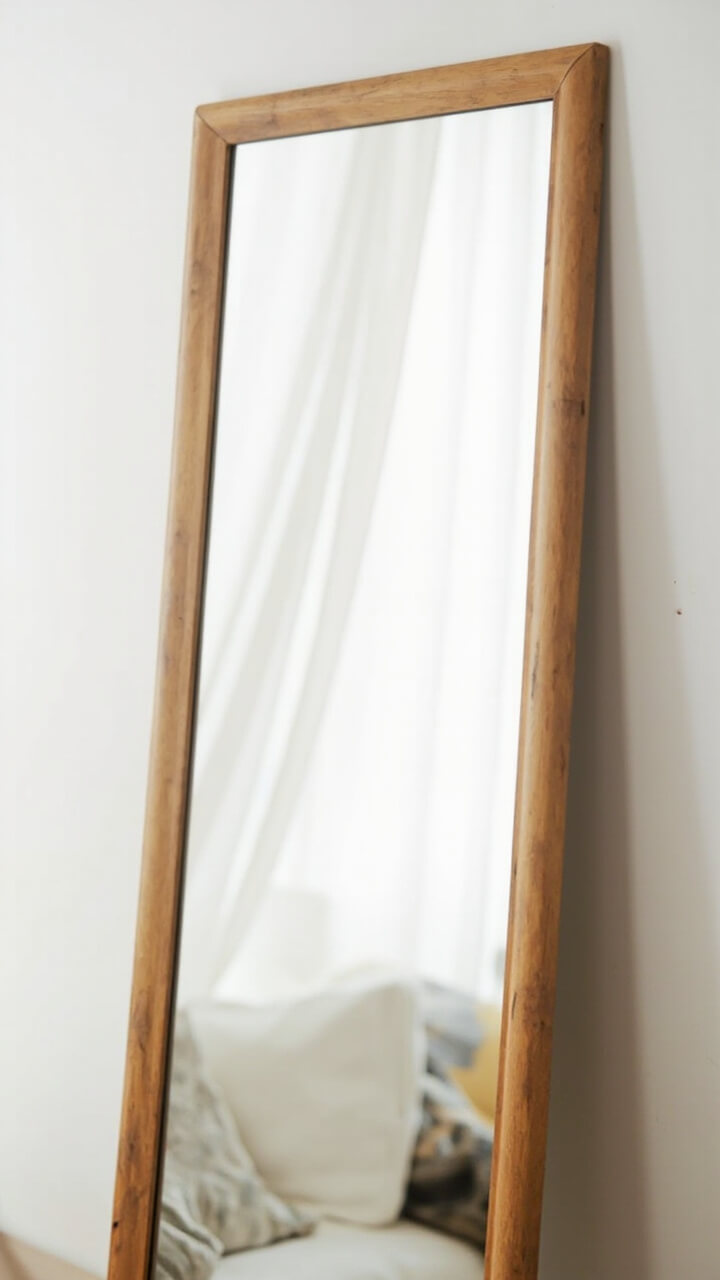 A tall rectangular mirror with a slim natural wood frame leans next to a white wall, reflecting a corner of the bed and sheer curtains. Nothing else surrounds it.