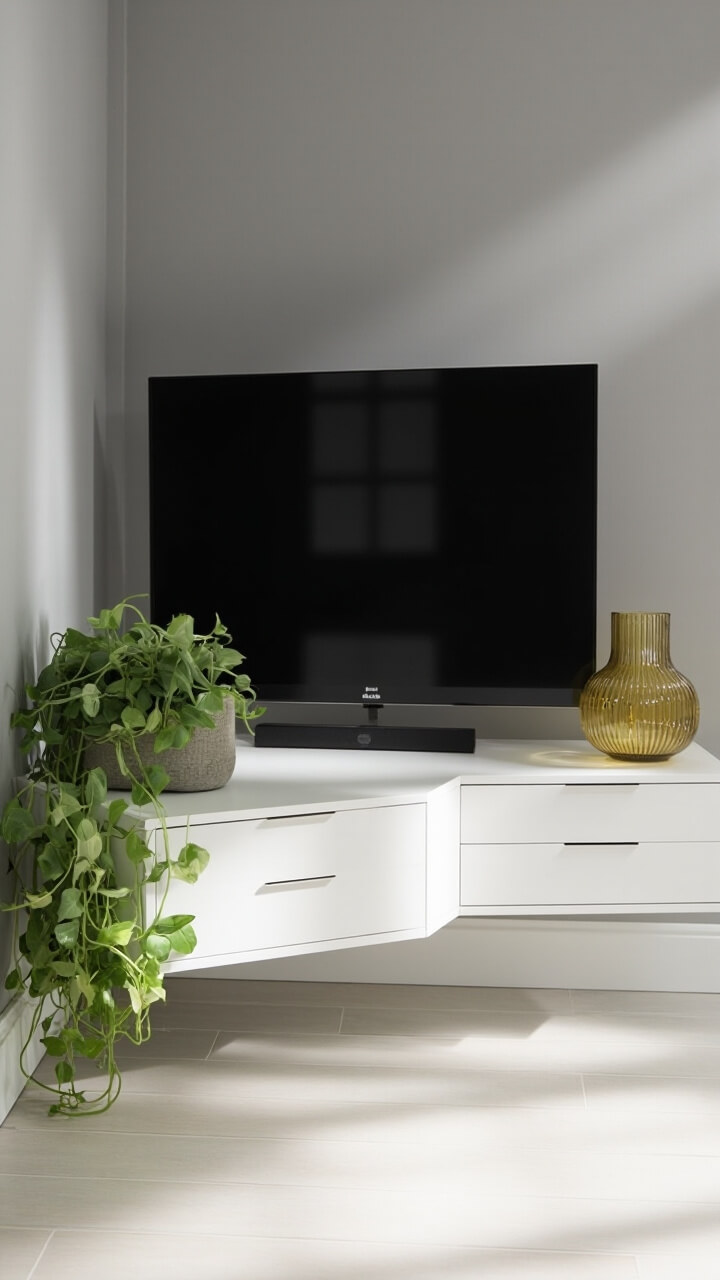 A white matte floating shelf designed to fit snugly into a corner, mounted a few inches off the floor with smooth, handleless drawers. A slim 48-inch flat-screen TV sits above, centered. Underneath, a muted ceramic planter with a leafy pothos that tumbles gently over the edge. One ribbed amber glass vase and a compact, wireless Bluetooth soundbar neatly fill out one end of the console. Pale ash flooring and soft gray walls keep things calm.
