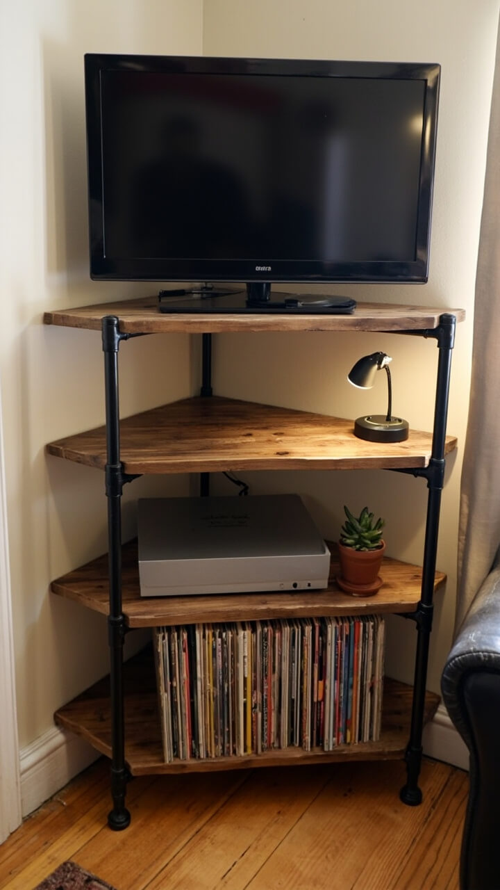 An L-shaped set of black metal pipe shelves supports two chunky reclaimed wood planks forming a right-angled TV console in the corner. A 43-inch TV rests on the top shelf. Below, a row of color-sorted vinyl records and a compact record player. A small matte black task lamp sits at one end of the shelf while a terracotta pot with a succulent anchors the other.