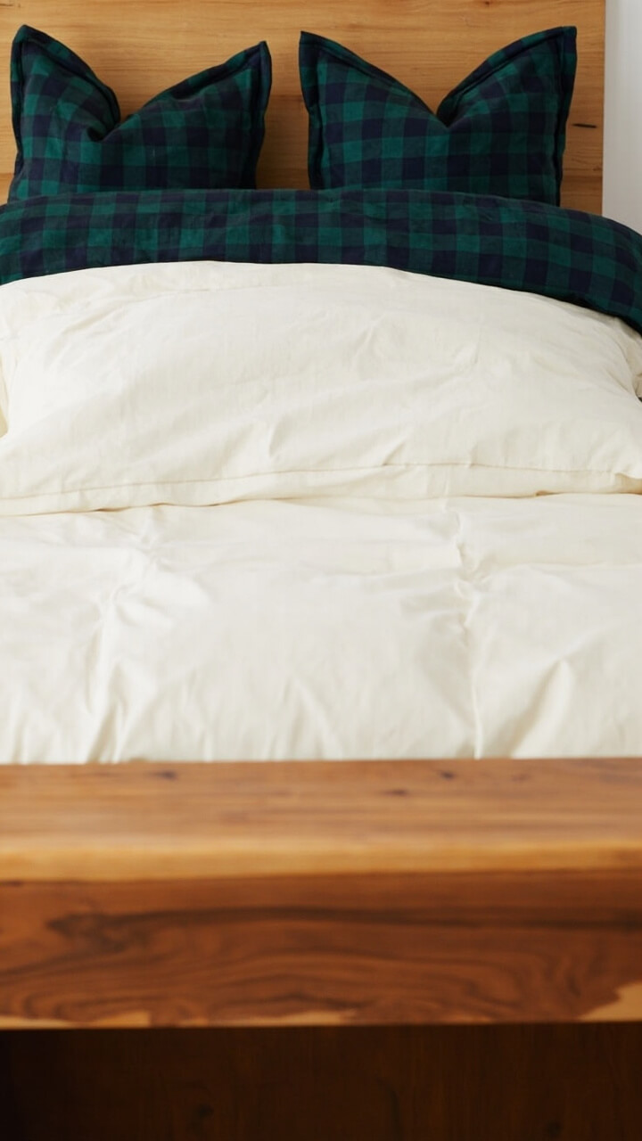 A cream cotton duvet, a forest green and navy plaid quilt folded at the top of the bed, two matching plaid euro shams, and a walnut bench at the foot.