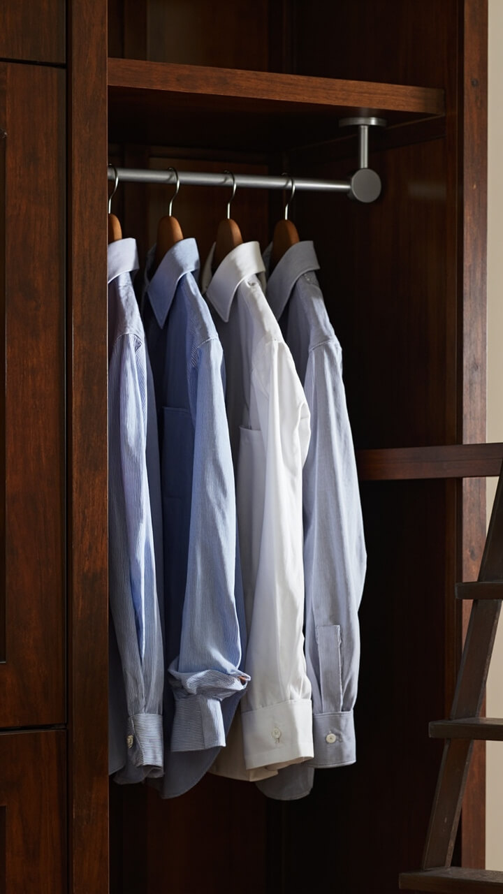 A tall espresso oak wardrobe with a silver pull-down clothes rod mounted just under the top shelf. On the rod hangs four button-down shirts in shades of blue and white. A slim ladder leans against the side wall.