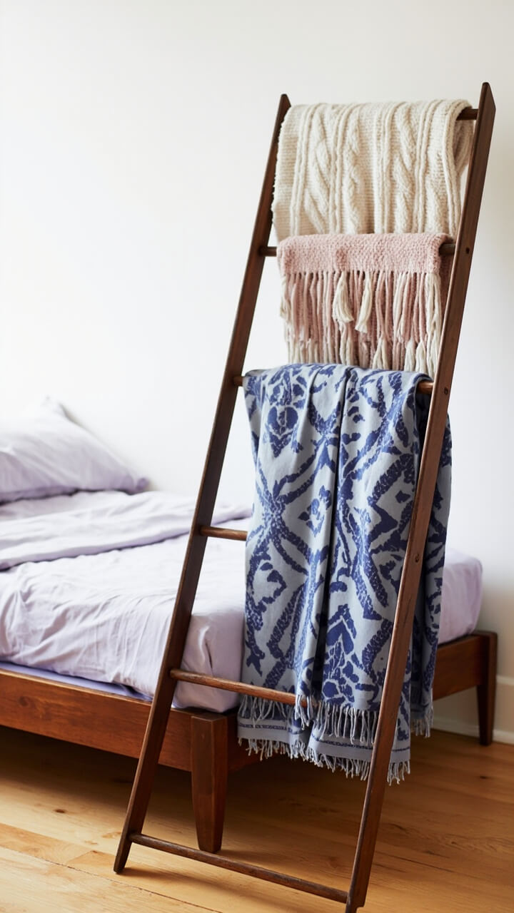 A walnut blanket ladder leans next to a low twin bed with pale lavender sheets. A cable-knit cream throw, a fringed pink blanket, and a patterned blue scarf are draped neatly on the rungs. The floor is natural oak.