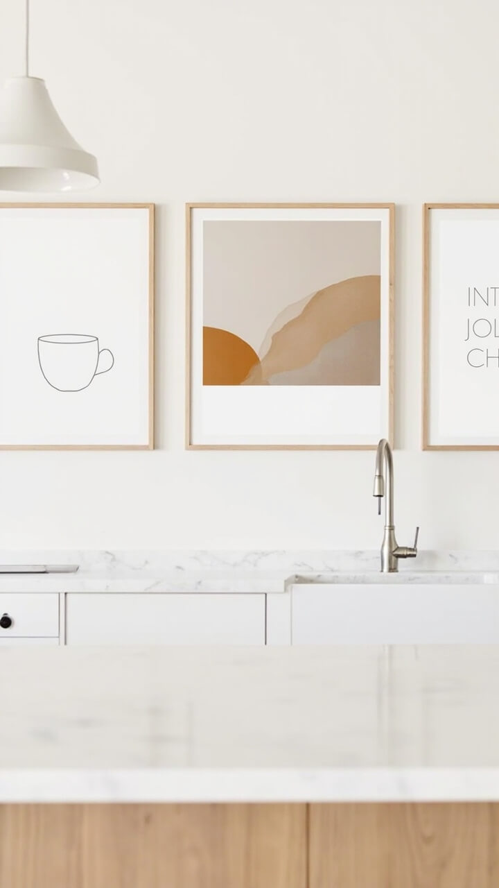 On a warm white kitchen wall, three 12x16 posters hang side-by-side: one with a minimalist line drawing of a cup, one abstract color block in taupe and ochre, and one simple text print. The frames are slim and natural wood. Below is a white marble-topped island with a sleek chrome faucet.