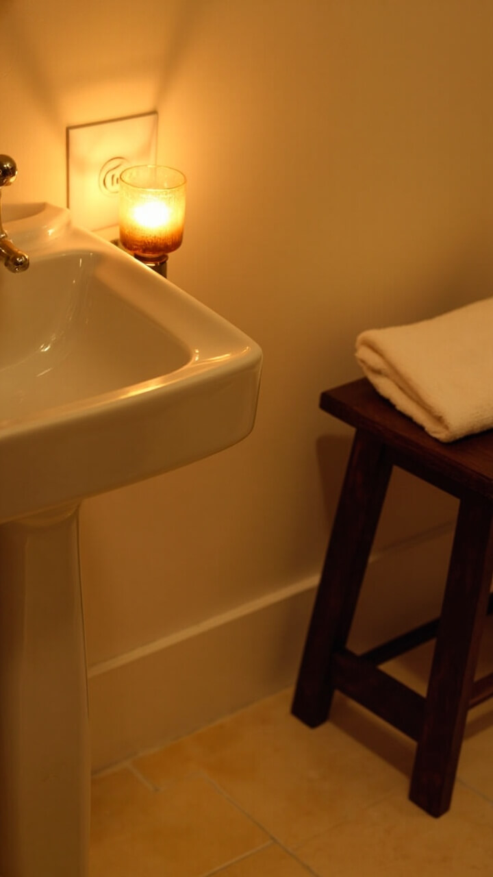 A frosted amber glass night light is plugged into the wall near a white pedestal sink. The light casts a soft amber hue across the light beige floor tile. Beside the sink, a compact dark wood storage stool holds a folded white face towel.