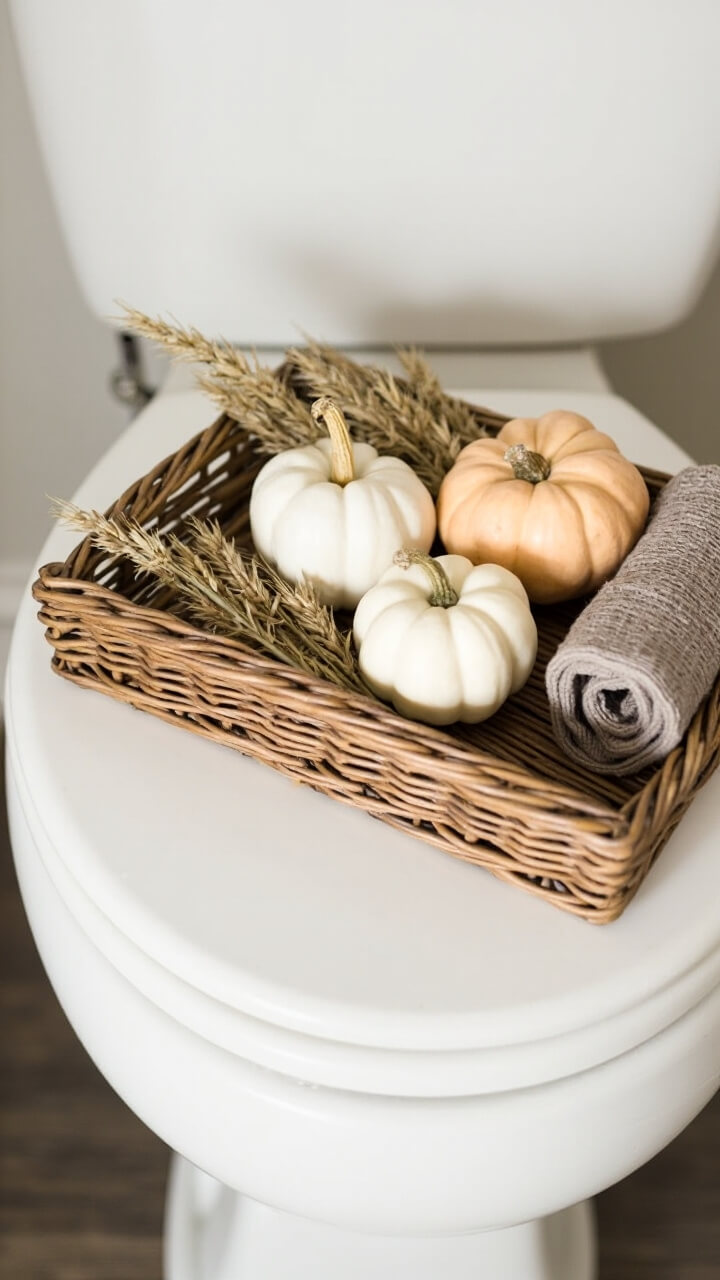 A rough wicker tray basket rests on a white toilet tank. Inside, three small pumpkins (white, cream, and pale orange), dried wheat stalks, and a single rolled waffle-knit taupe hand towel.