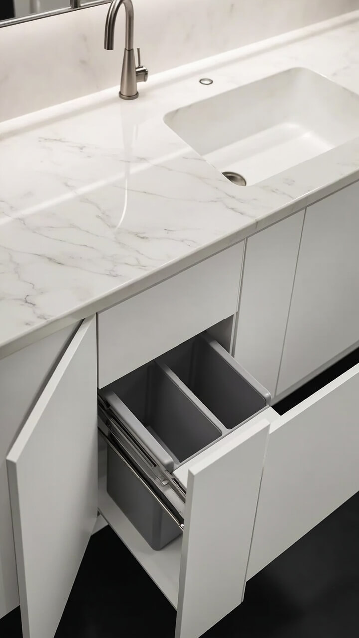 Open white panel cabinet doors reveal a hidden double pull-out bin with sleek grey plastic liners. The base cabinets are under a marble-effect counter with nothing but a brushed steel sink and a single one-hole faucet in sight.