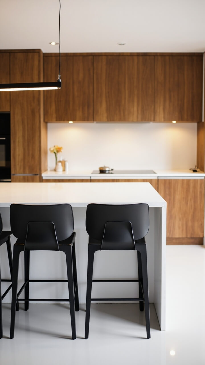 A trio of matte black metal bar stools with slender legs sits at a waterfall edge kitchen island in clean white. The island’s counter is completely clear, framed by uninterrupted wood cabinets and slim black pendant above.