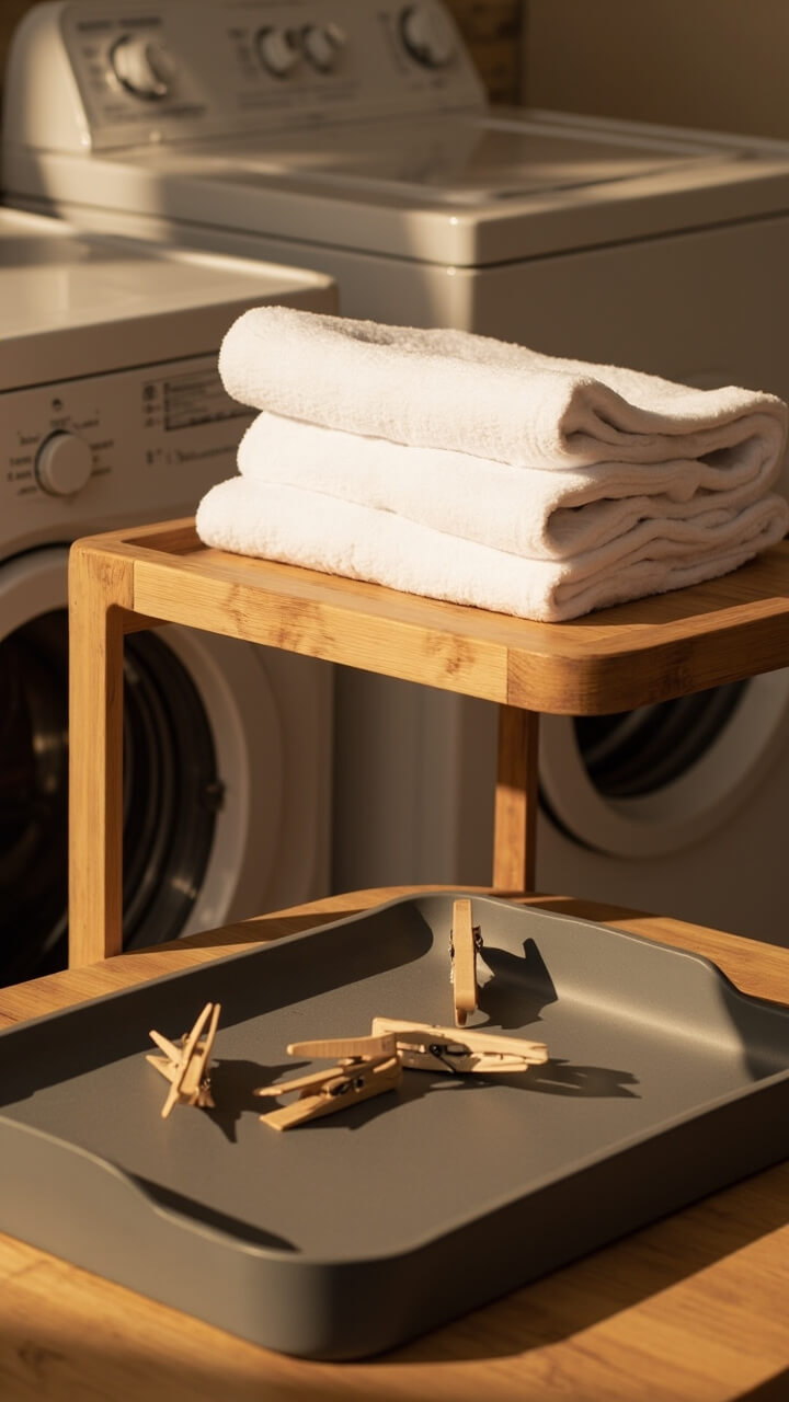 A slim natural bamboo folding table pulled up next to a matching set of machines. On the tabletop, a neatly folded stack of crisp white bath towels and a shallow stone-gray tray with wooden clothespins rests front and center.