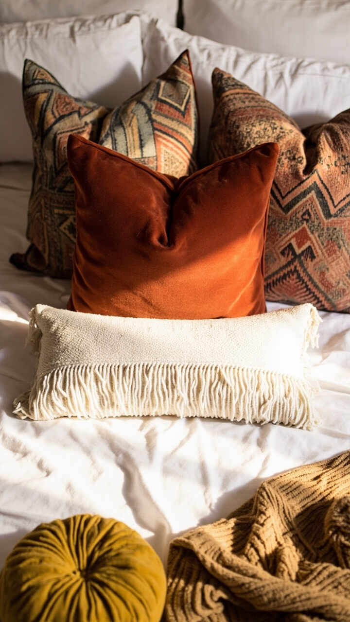 A queen bed is styled with five pillows: one oversized rust velvet, two square kilim in tribal prints, one long fringed cream lumbar, and one small round mustard corduroy. The bedding is simple white with a tan waffle throw at the foot.