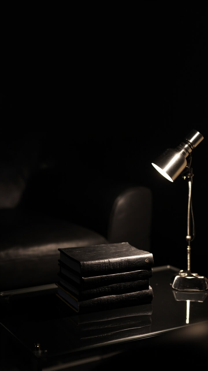 A black sofa with a square smoked glass coffee table. Three darkly bound hardcover books stacked neatly, paired with a classic pewter reading lamp angled towards the pile.