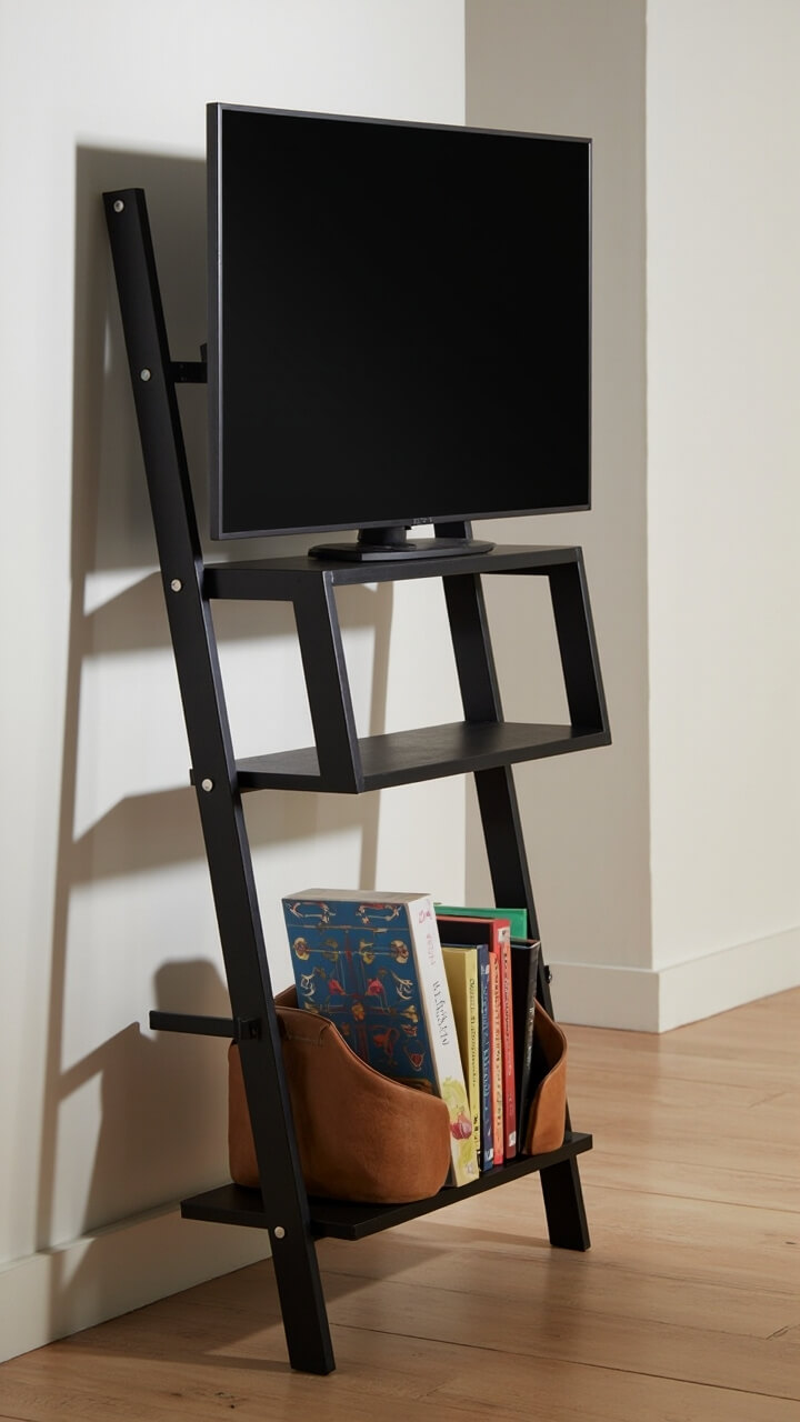 A modern black metal ladder shelf leans against the corner. The second shelf from the base supports a 36-inch TV, while the top holds a trailing ivy in a cement pot and a small Bluetooth speaker. Two hardcover art books and a tan leather catchall sit on the lower shelf.