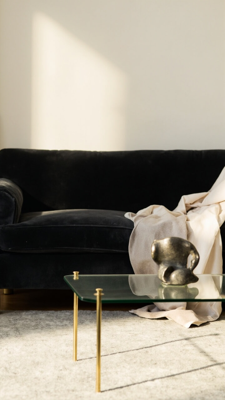 A plush velvet black sofa set against an eggshell white wall. There’s a glass coffee table with thin brass legs, a single abstract sculpture, and a soft white silk throw casually draped. The floor features a pale gray wool rug to ground the space.