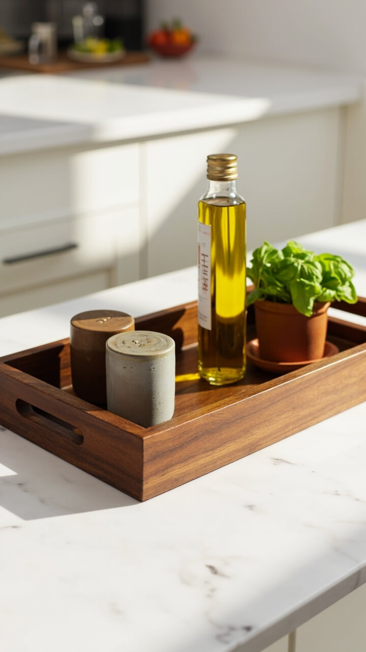 A rectangular, natural walnut wood tray holds a glass bottle of olive oil, a pair of ceramic salt and pepper shakers, and a small terracotta pot of basil. The tray sits off-center on a white quartz island.