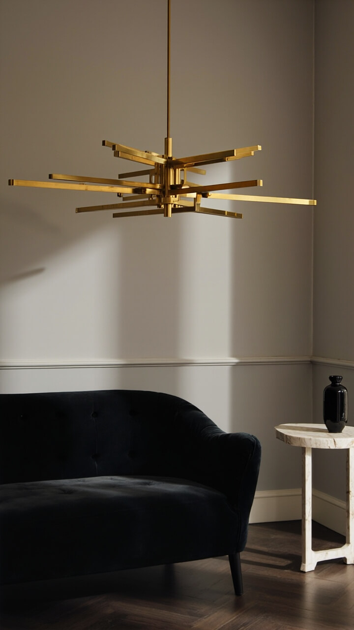 A black velvet sofa sits beneath an oversized modern brass chandelier. To the right, a marble-topped side table with a small black glass vase. The walls are soft gray.
