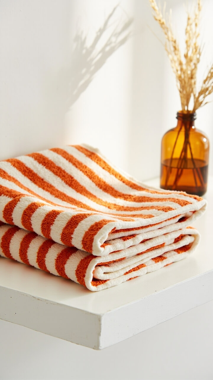 Two thick, pumpkin orange and cream striped hand towels are neatly folded and stacked on a white floating shelf. Next to them sits a small amber glass bottle with a single wheat stem.
