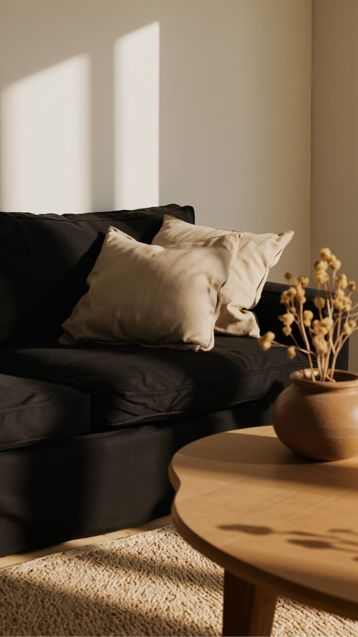 A black slipcovered sofa with two oversized linen sand-colored pillows and a round clay vase on the coffee table. Beneath, a woven sand-toned rug.