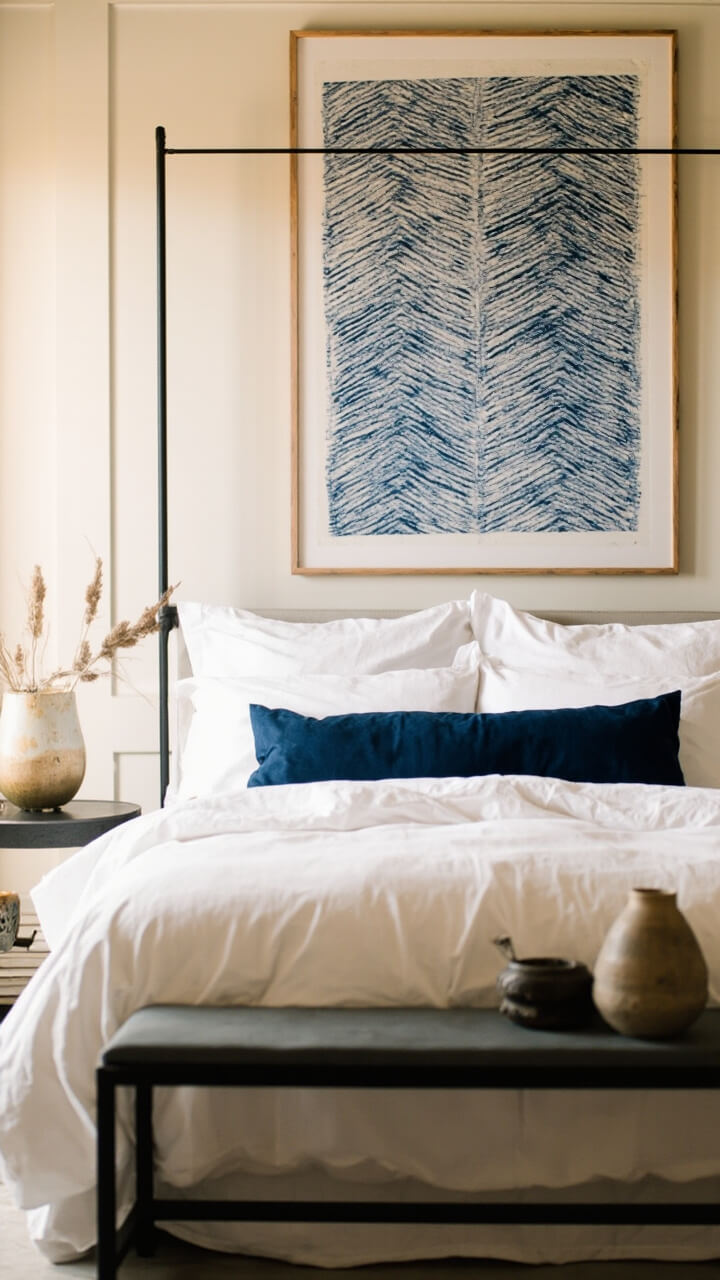 Above a clean-lined bed sits a large framed indigo and cream block print textile. Bedding is ivory with a deep blue lumbar pillow. A powder-coated black metal bench sits at the bed’s foot, and a ceramic vase of dried grasses rests atop.