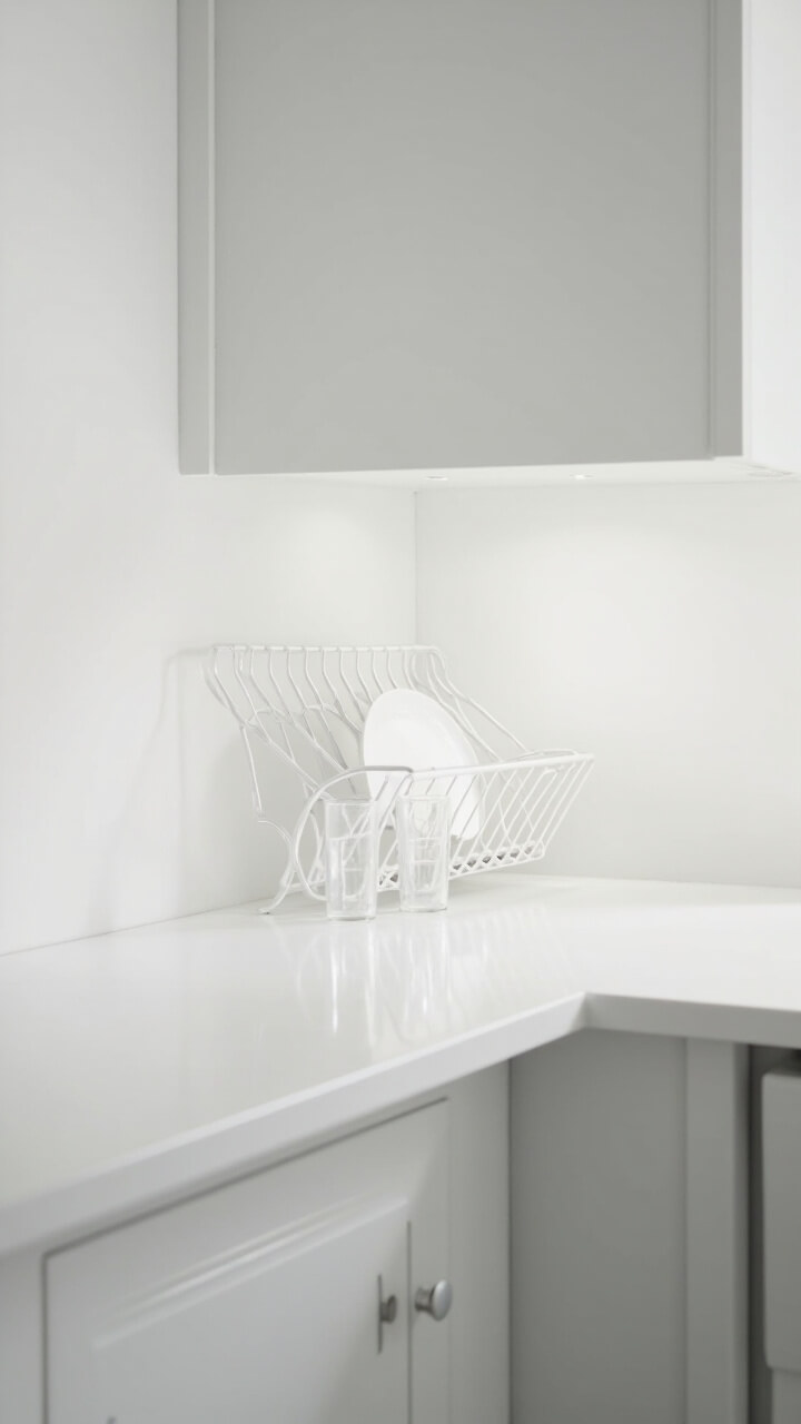 A white-on-white scene: matte white dish rack (low, simple grid style) sits beside a white enamel farmhouse sink. Only two clear glasses and one white dinner plate rest on the rack. The countertop and lower cabinets are both soft white as well.