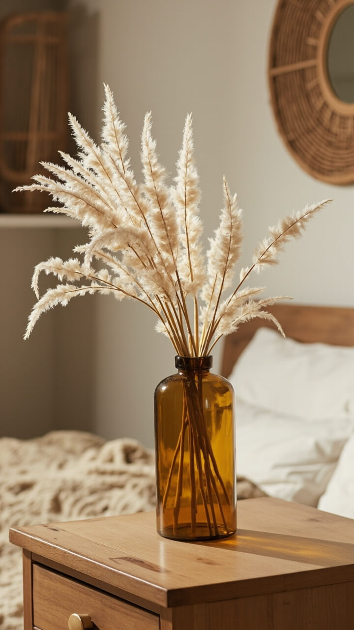 Atop a pine wood dresser, a tall amber glass vase holds stems of bunny tail grass and bleached pampas. Behind, there’s a round woven mirror on the wall. The bed has a soft beige coverlet and a white pillow.