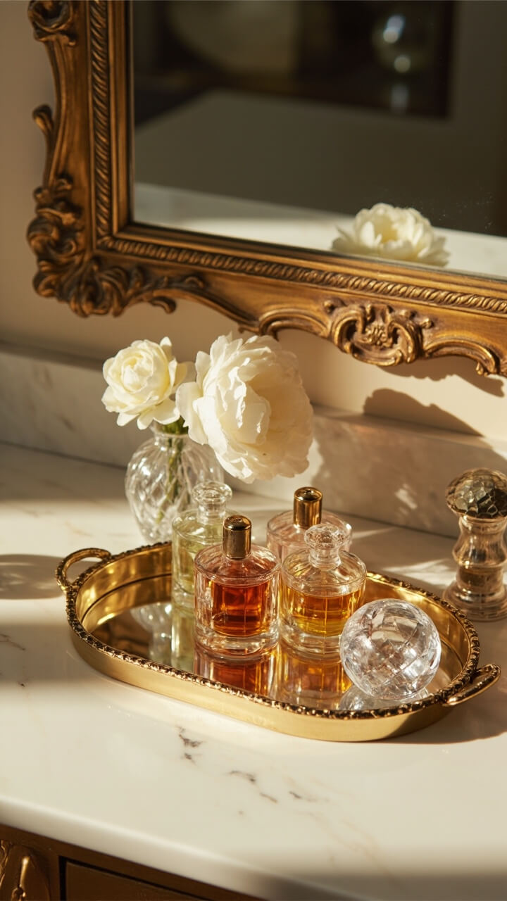 An oval, gold-edged mirror tray perches on a white marble-topped vanity. Five clear and amber-toned perfume bottles cluster in the middle of the tray. Next to them: a tiny faceted crystal paperweight and a white peony bloom in a clear bud vase. The vanity is flanked by a tall, ornate gold-lined wall mirror.